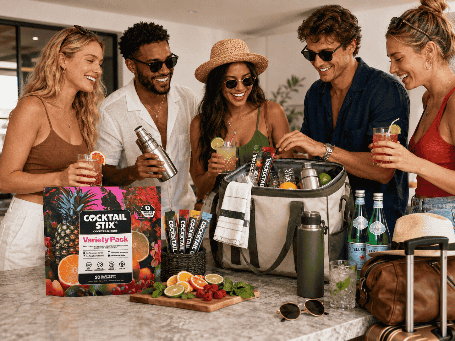 Portable cocktail and mocktail kit with zero sugar mixer packets, sparkling water, citrus, herbs, and stylish glassware