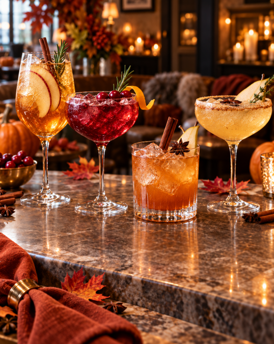 A cozy fall table featuring several finished Cocktail Stix mocktails, warm lighting, autumn foliage, berries, citrus, rosemary, and understated seasonal décor.