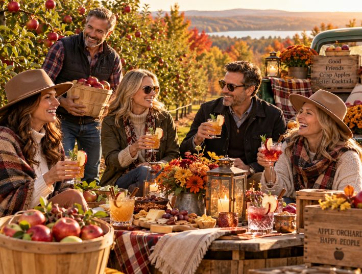 An apple orchard with an elegant happy-hour setup nearby.