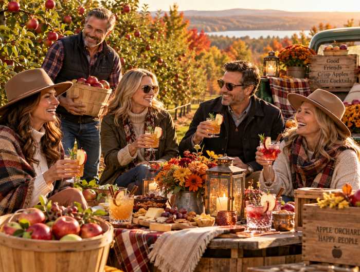 An apple orchard with an elegant happy-hour setup nearby.