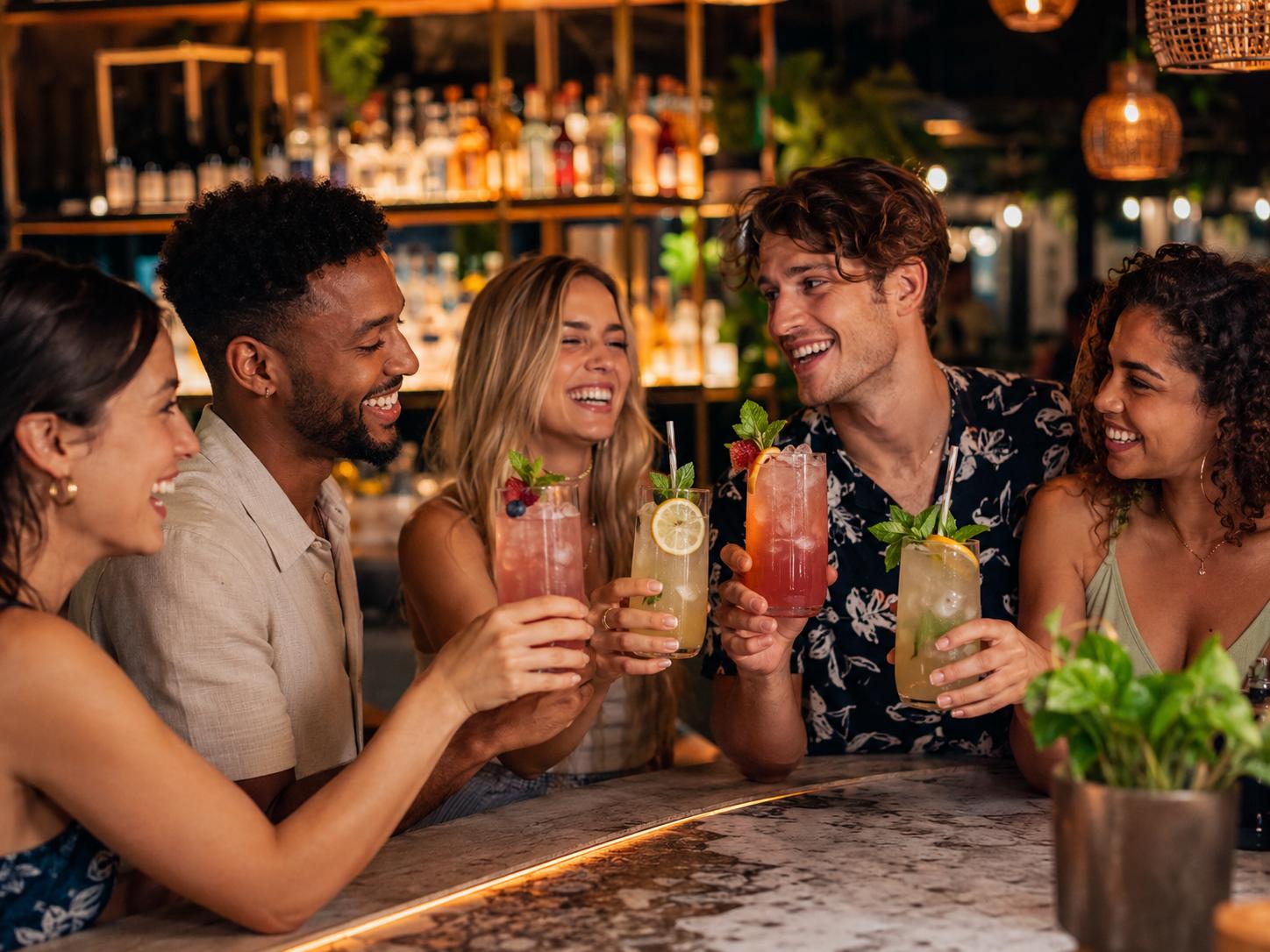 Elegant sober curious mocktails with citrus, herbs, berries, sparkling water, and fresh garnishes served at a stylish bar.
