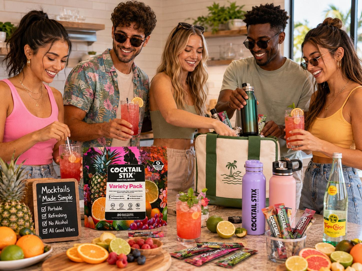 Portable cocktail and mocktail kit with zero sugar mixer packets, sparkling water, citrus, herbs, and stylish glassware