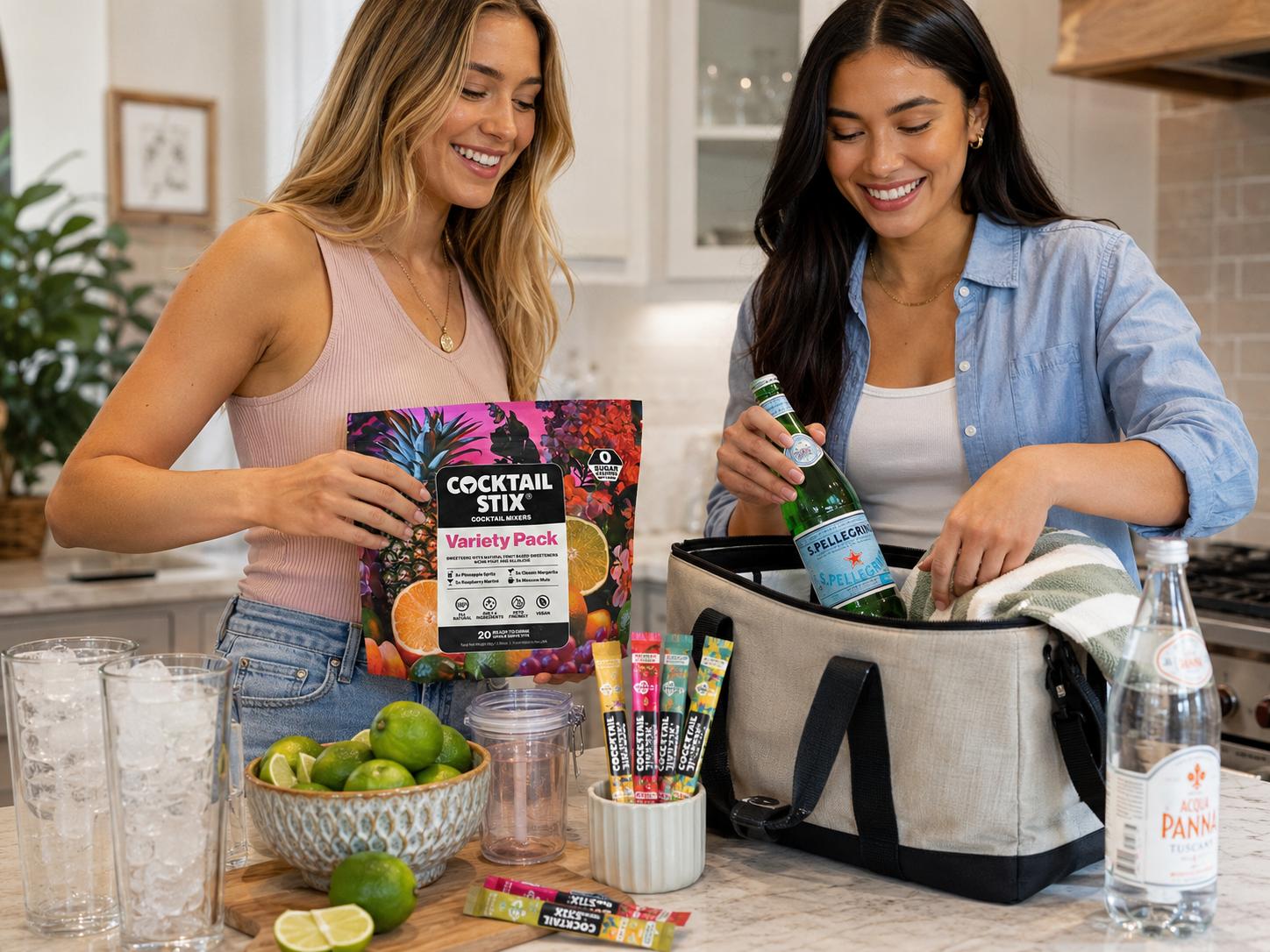 Portable sugar-free cocktail and mocktail mixer packets served with stylish cocktails and mocktails