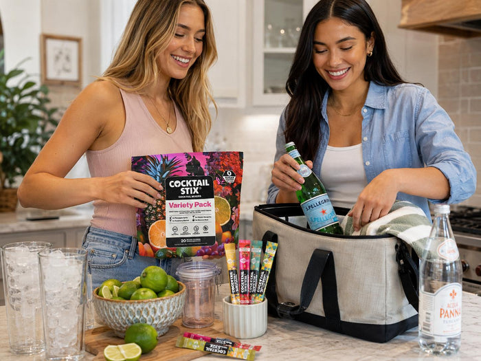 Portable sugar-free cocktail and mocktail mixer packets served with stylish cocktails and mocktails