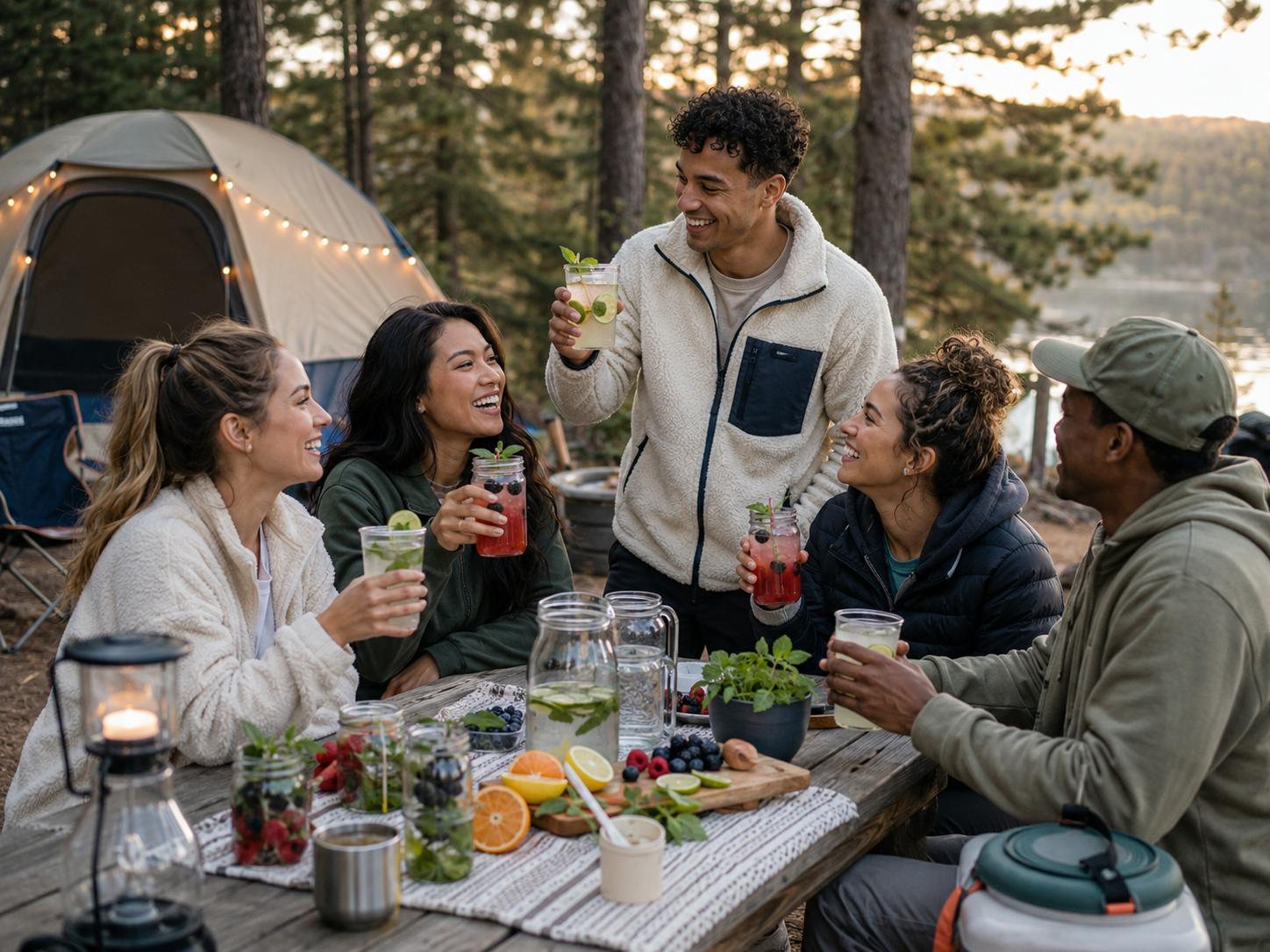 Zero sugar and zero calorie drink mixes for camping served with sparkling water, citrus, herbs, and outdoor cups 