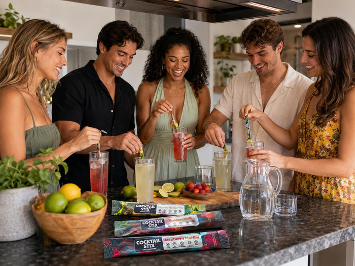 Sugar-free cocktail packets displayed beside colorful cocktails, mocktails, sparkling water, citrus slices, herbs, ice, and party glasses.