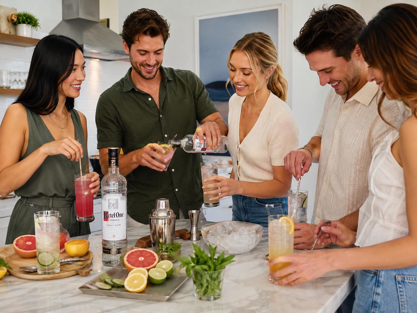 Sugar-free vodka drinks made with sparkling water, citrus, herbs, ice, and zero sugar cocktail mixers on a party bar.