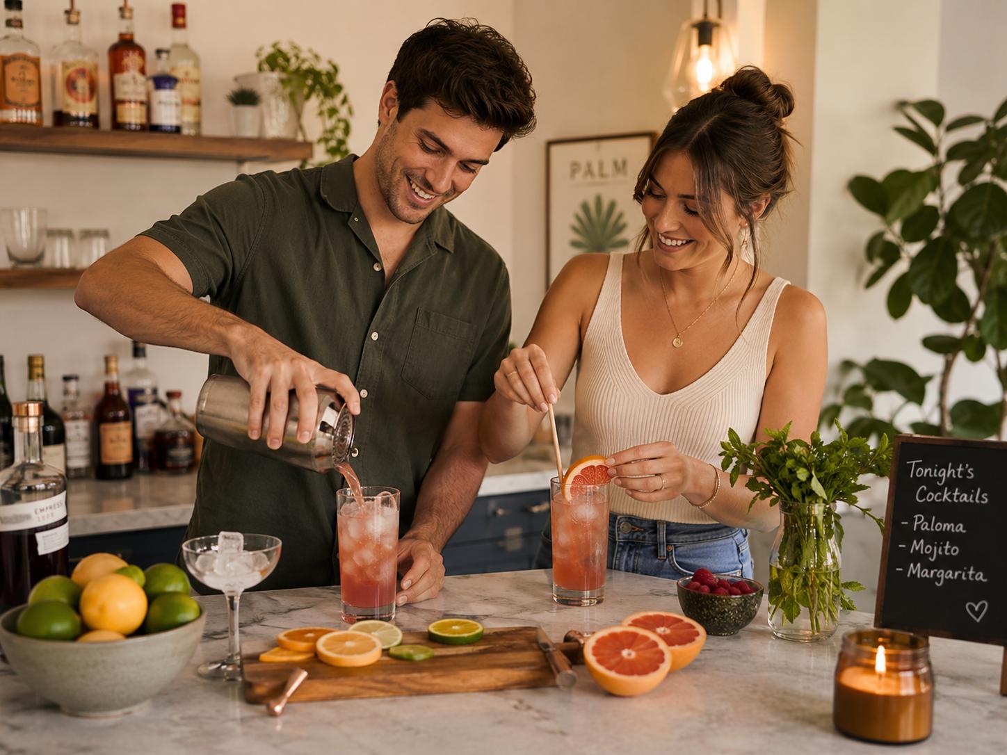 Sugar-free drink packets displayed beside cocktails, mocktails, sparkling water, citrus slices, herbs, ice, and colorful party glasses.