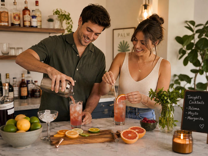 Sugar-free drink packets displayed beside cocktails, mocktails, sparkling water, citrus slices, herbs, ice, and colorful party glasses.