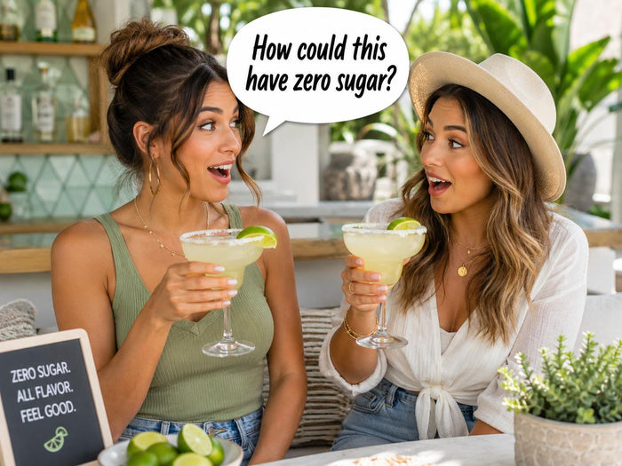 Zero sugar skinny margarita served with lime, ice, salt rim, and cocktail mixer packet