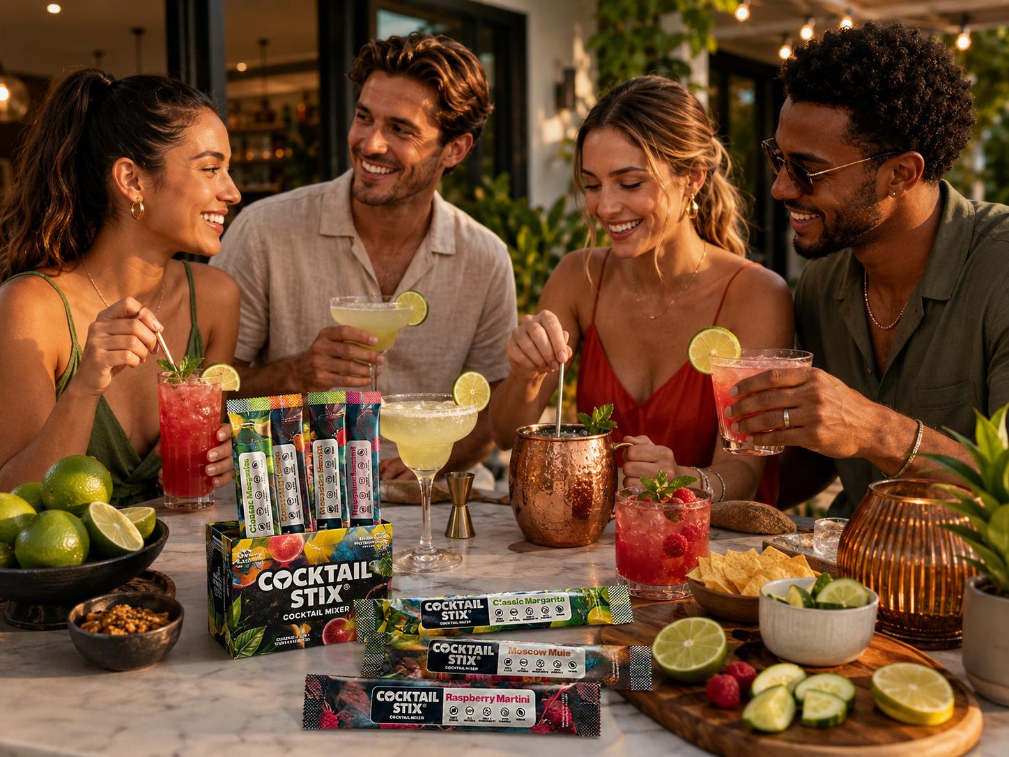 Instant mocktail and cocktail mixers served as healthy party drinks with sparkling water, citrus, berries, fresh herbs, and ice.