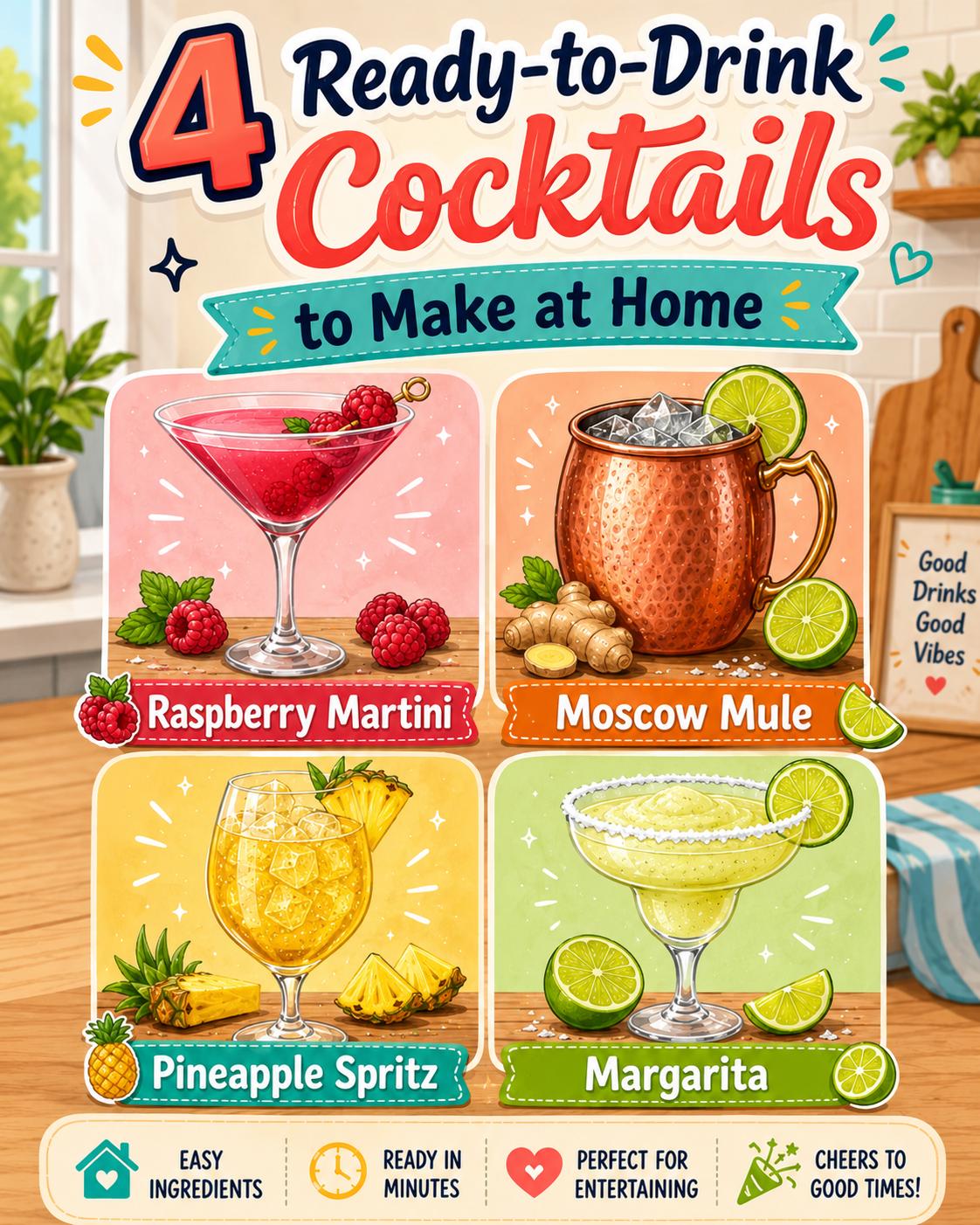 Convenient ready-to-drink cocktails in cans served over ice with citrus garnishes for a modern 2026 happy hour.