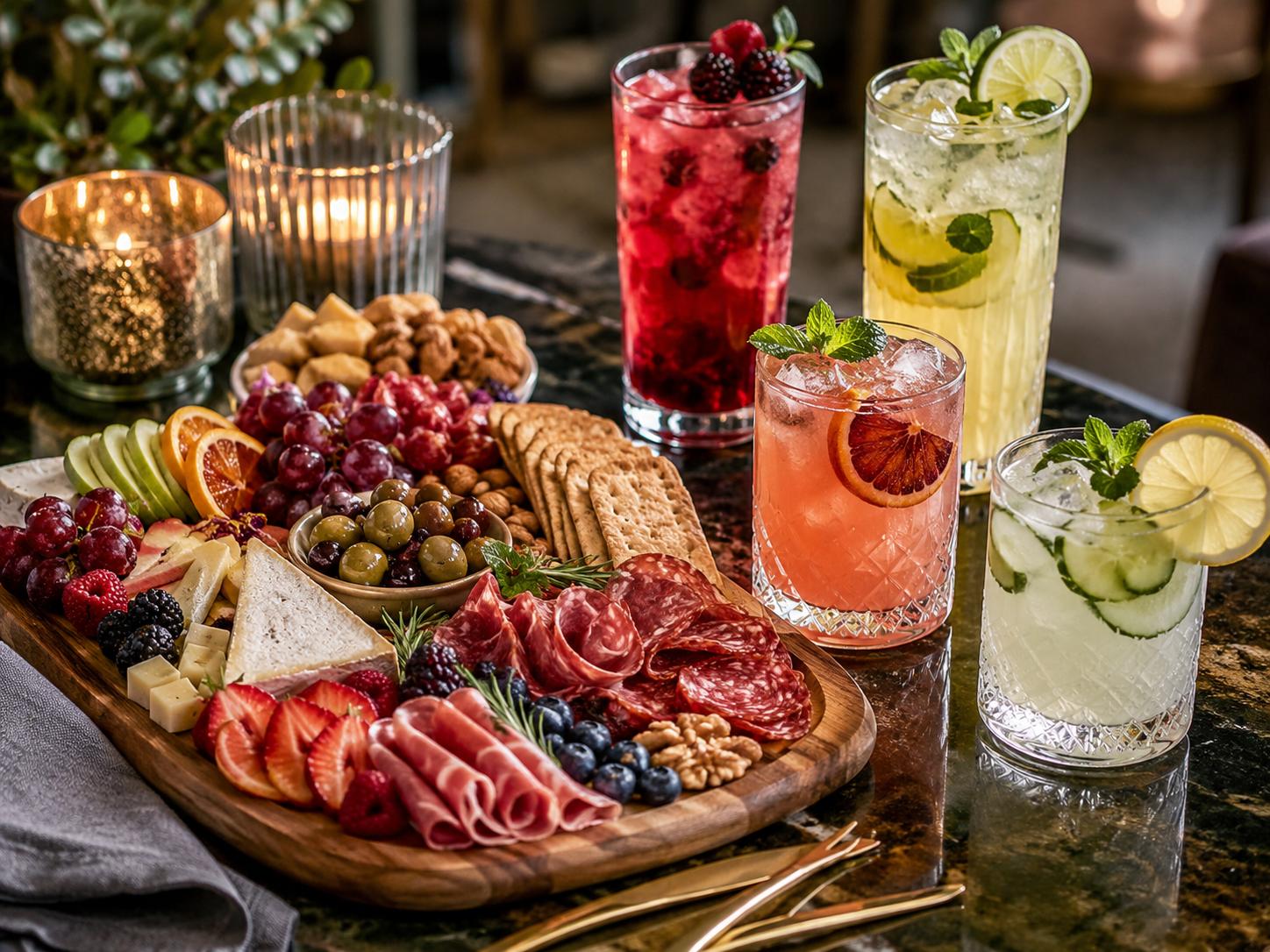 Single serve drink packets displayed with sparkling water, citrus, herbs, ice, cocktails, and mocktails for easy entertaining.