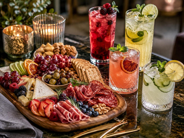 Single serve drink packets displayed with sparkling water, citrus, herbs, ice, cocktails, and mocktails for easy entertaining.