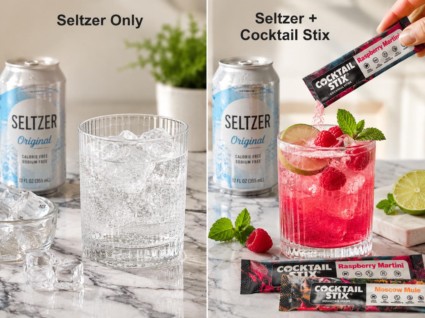 Before and After Drink Hack: Turn Plain Sparkling Water Into a Main Character Sip