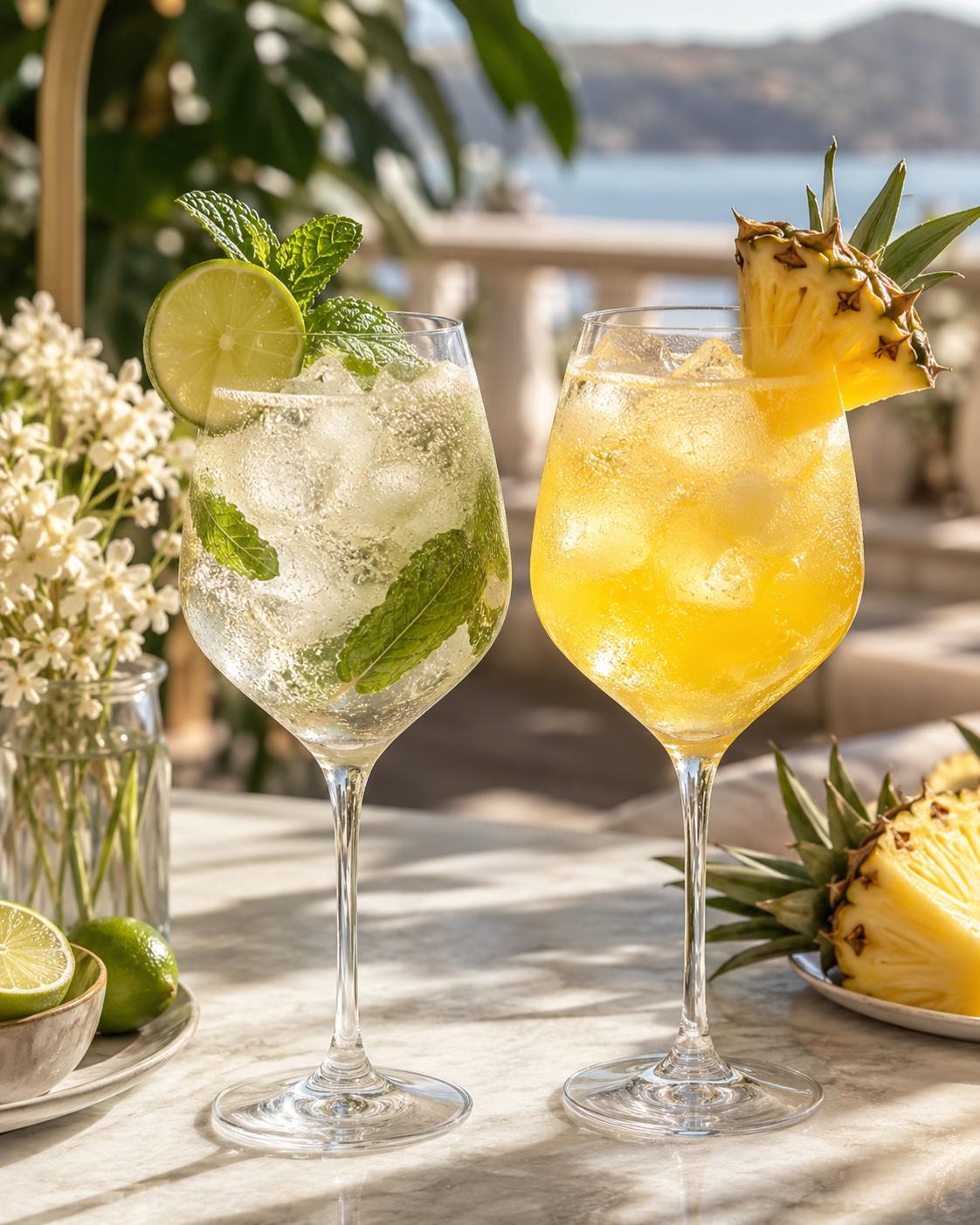 Pineapple Hugo Spritz with mint and lime in a wine glass