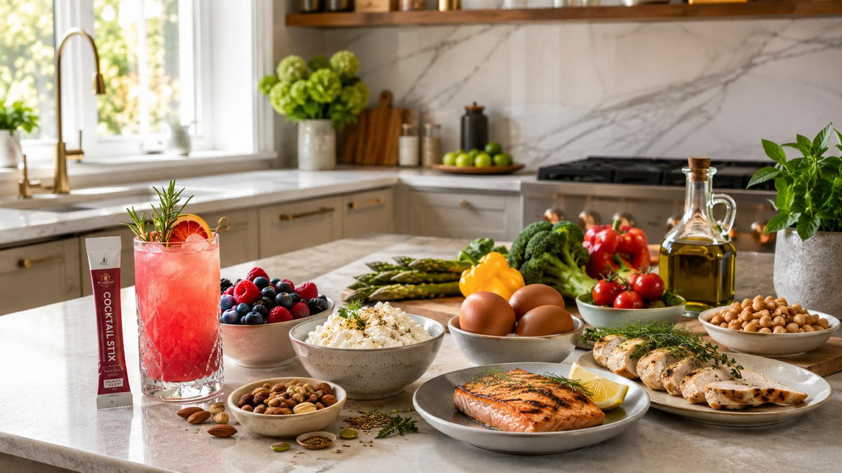 sophisticated kitchen scene with protein-rich foods, vegetables, berries, nuts, olive oil, and a CocktailStix mocktail.