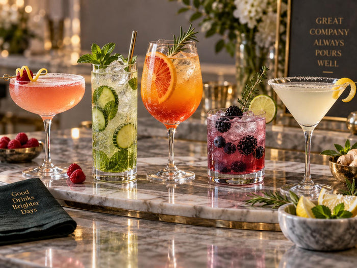  An elegant lineup of colorful alcohol-free drinks in cocktail glassware with citrus, berries, ginger, herbs, ice, and sparkling bubbles.