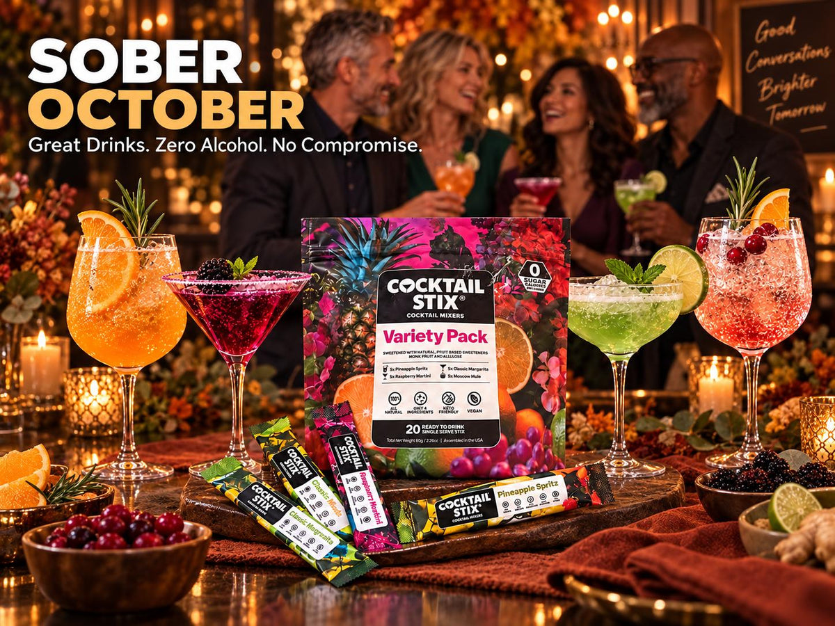 Adults of different ages laughing together at a casual October cocktail party with colorful alcohol-free drinks.