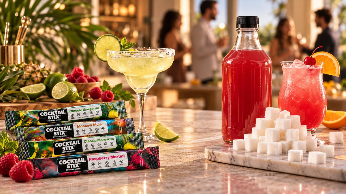 elegant Cocktail Stix drink with fresh citrus and ice.