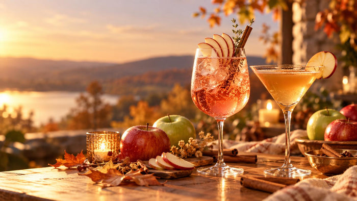 Finished apple cider Pineapple Spritz in a large wine glass surrounded by fresh apples, fall leaves, and a cinnamon stick.