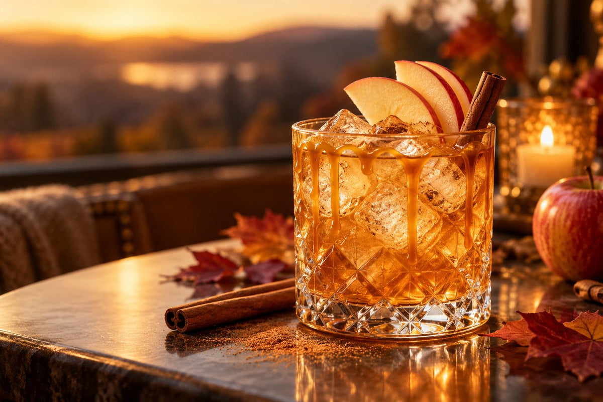 Finished caramel apple mocktail in an elegant glass or copper-style mug with apple slices, cinnamon, ice, and subtle fall décor.