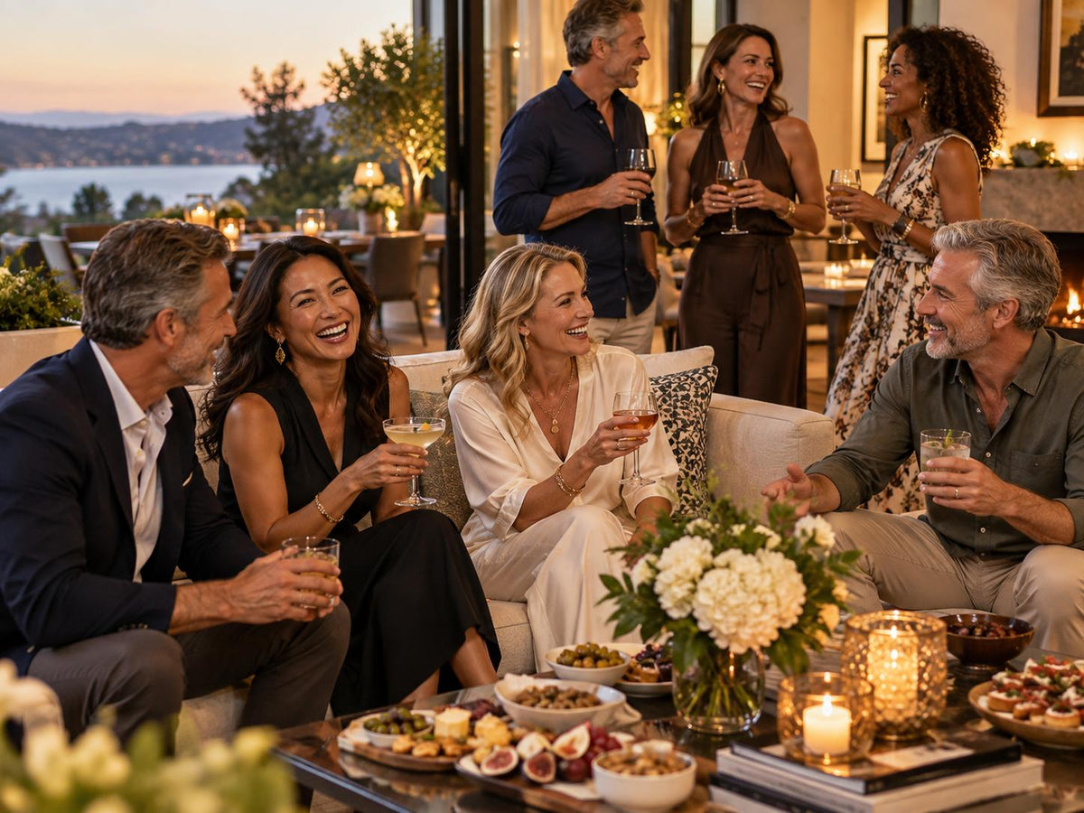 An elegant table featuring one cocktail and one mocktail with Cocktail Stix packets subtly visible beside the glasses. Use adults in the target demographic enjoying a sophisticated home gathering rather than a nightclub setting.